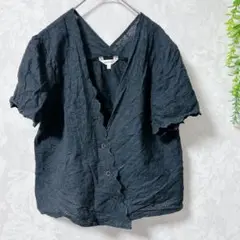 ❤︎値下げ【マウジー】レース刺繍 前開きブラウス 黒 F 半袖 Vネック 透け感