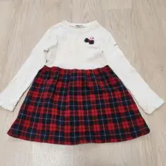 ホットビスケッツ　ウサギ刺繍 長袖ニット チェックワンピース