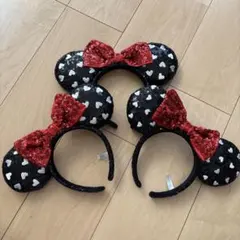 ミニーカチューシャ ハート模様 赤リボン スパンコール　3点セット