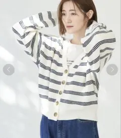 Rope picnic Vネックボーダーニットカーディガン　　白黒