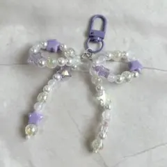 ハンドメイド ビーズリボンチャーム パープル