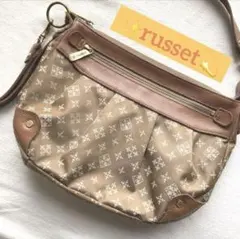 russet ショルダーバッグ　総柄　キャメル　ナイロン　レザー　ゴールド金具