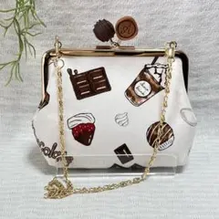 【お試し価格】チョコレート口金　がま口ポーチ　チョコレート柄　ホワイト