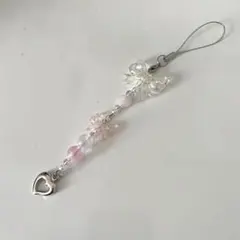 韓国 ビーズキーホルダー ピンク ハート リボン #27