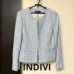 INDIVI ノーカラージャケット 青系ツイード