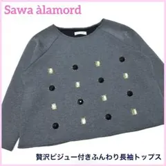 サワアラモード ビジュー付 長袖 トップス ふんわり グレー 華やか ラグランのサムネイル