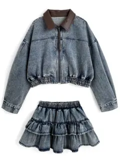 新品未使用　grlレザーカラーブルゾン×ティアードミニスカートデニムセットアップ