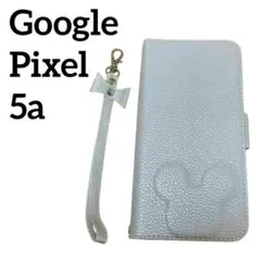 Google Pixel 5a 5G ケース 手帳型 シルバー ミッキーリボン