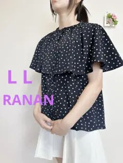 RANANレディース　半袖ブラウス　黒　白ドット　ＬＬ　ケープ襟のサムネイル