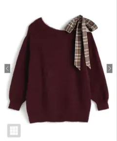 チェックリボンワンショルダーニットミニワンピース