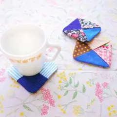 ハンドメイド　コースター　3枚セット　　パッチワーク風　ブルー系