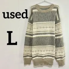 【ノーブランド】ノルディック柄 クルーネック ニット セーター L