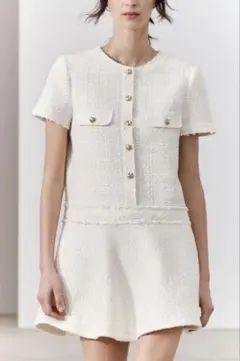 ZARA ツイード　半袖　　 フレア　ミニワンピ　白 上品　可愛い　清楚　M