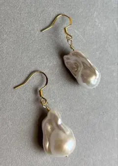 超高照り　本真珠　大粒バロックパール　フックピアス SV925 刻印K18GP