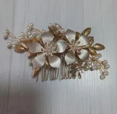 ウェディングヘッドドレス ゴールド 花