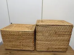 無印良品 重なるラタン長方形バスケット 特大&大 フタ付き 2個セット