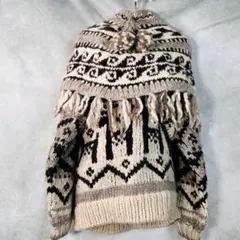 カウチンセーター ポンチョ付き L 幾何学模様 鹿 オーバーサイズ