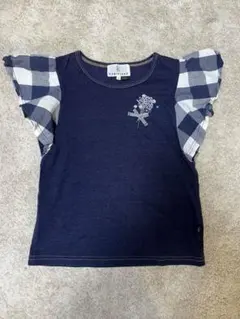 KUMIKYOKU ネイビー チェック フリル袖 Tシャツ L