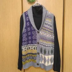 多彩柄ニットベスト ショールカラー ハートマーケット