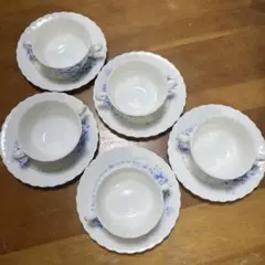 Narumi bone china 青い花柄 スープカップとケーキ皿 5個セット