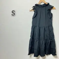 ワンピース 【S】 トップス フリルカラー ノースリーブ シンプル 無地 黒