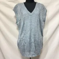 ニットベスト Vネック 水色 ブルー系 ケーブル編み ユニセックス 男女兼用