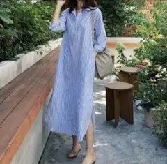 ロングストライプワンピース　レディースシャツ,
