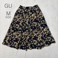 【GU】 フレアスカート M ネイビー 良品 総柄 花柄 カジュアル　大人可愛い