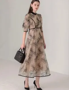 配色パイピングプチハイネック花柄刺繍ラメレースロング丈ドレスワンピース Leja