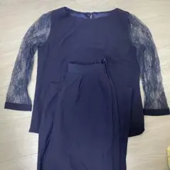 ネイビー レース袖 パンツセットアップ