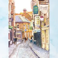 風景画/ヨーロッパの街「イングランド・ヨーク旧市街」油絵SM 木製フレーム付き