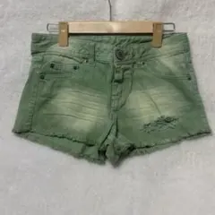 グリーン ダメージ加工 デニムショートパンツ　Mサイズ