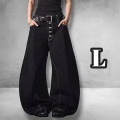 【L】バギーデニム ワイドパンツ ボタンフライ ブラックデニム Y2K 地底人