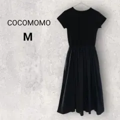 ココモモ 半袖フレアワンピース ロング丈 M 黒 ドッキング 春 夏 異素材切替