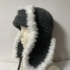 ハンドメイド フライトキャップ 男女兼用 グレー ホワイト ファー付き 防寒