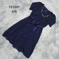 FESMY　お呼ばれドレス　ワンピース　ドット柄　ウエストリボン　ネックレス付き