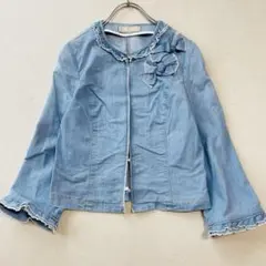 エムズグレイシー ノーカラーフリルデニムジャケット 38 リボン リネン