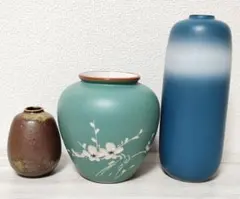 青、緑、茶 陶器花瓶セット 九谷焼など 一輪挿し