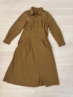 【美品】GU ジーユー　ウエストタックシャツワンピース　長袖　ブラウン　Lサイズ