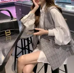 チェック柄 ジレ ベスト トップス 韓国 オルチャン レディース スクール