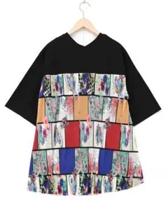 スカラー 162612：アートコラージュ柄プリーツ切替 接触冷感プルオーバー