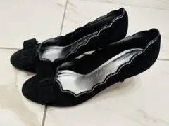 美品 Ferragamo 黒 スエード パンプス リボン付き 5B