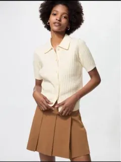 ユニクロ　リブポロカーディガン/半袖/オフホワイト