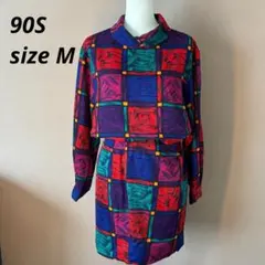 90s 幾何学柄 マルチカラー セットアップ ショート丈　M 昭和レトロ