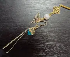 かんざし　蝶々　ブルーグリーンキューブガラス　チェーンタッセル　コットンパール