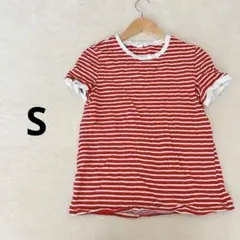 赤白ストライプ 半袖Tシャツ S レディース　トップス　レッド　ストライプ