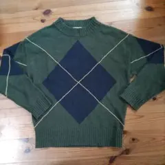 ダークグリーン ニットセーター 長袖 ダイヤモンドパターン