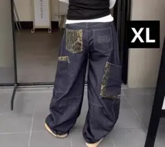 人気 ダークデニム カーゴパンツ レオパード柄 ダボパン ユニセックス