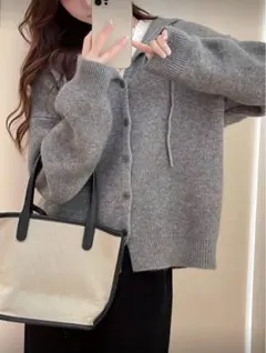 新品未使用 フード付きニットカーディガン グレー L