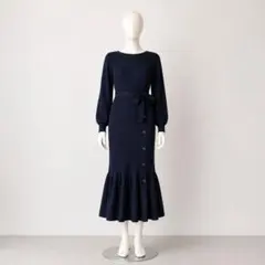美品　jayro ネイビー リブニット マーメイドロングワンピース 長袖　M